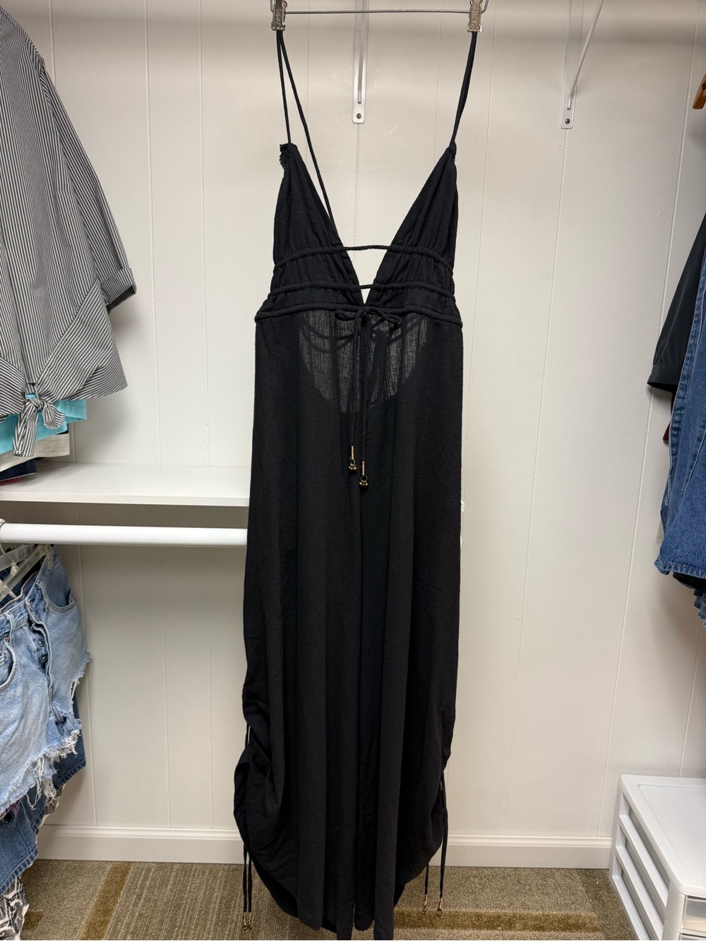 Free People "Whatever You Want" Jumpsuit Black Cotton Linen Blend NWT Size Large